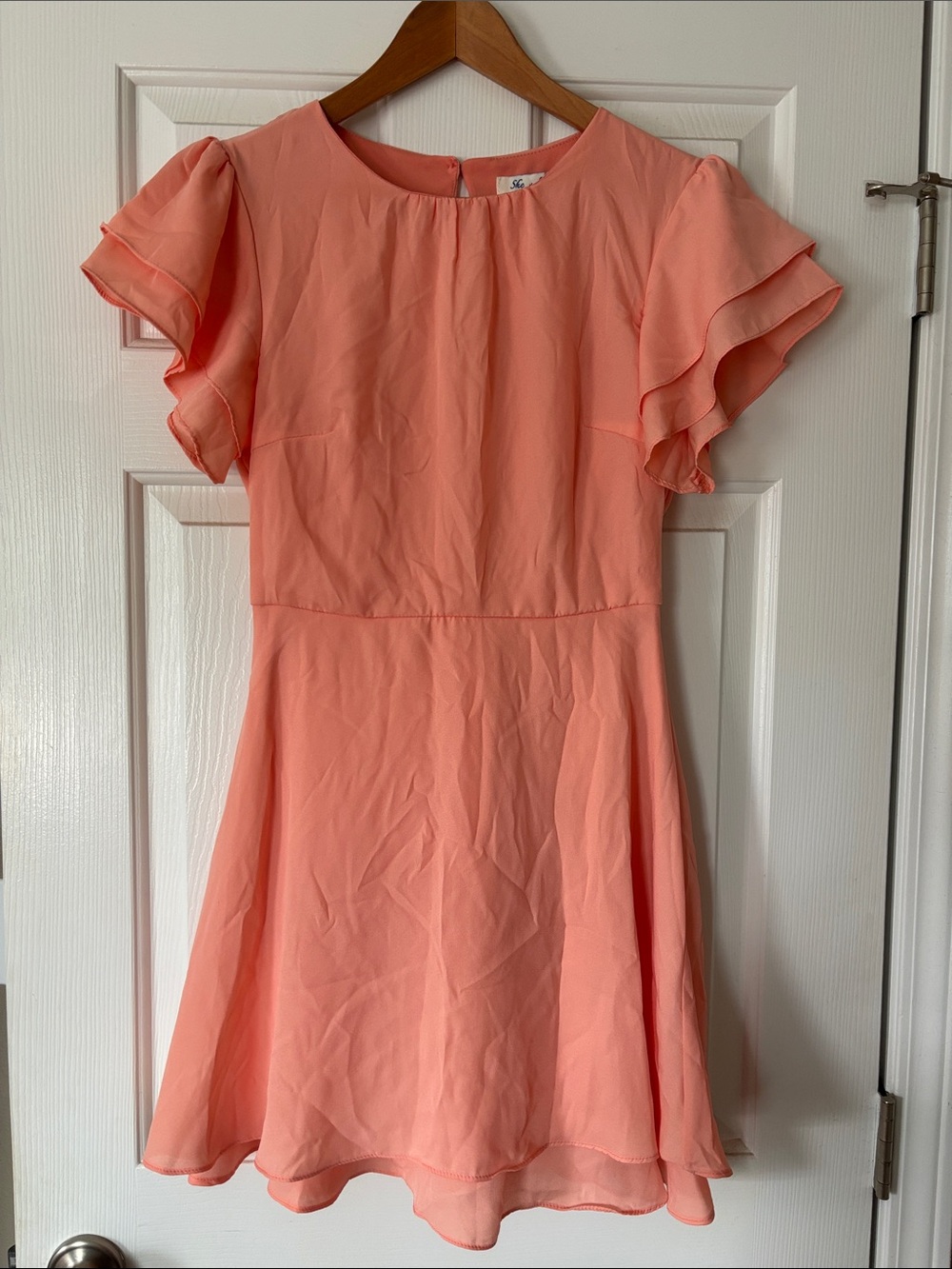 Peach Coral Ruffle Sleeve Skater Dress